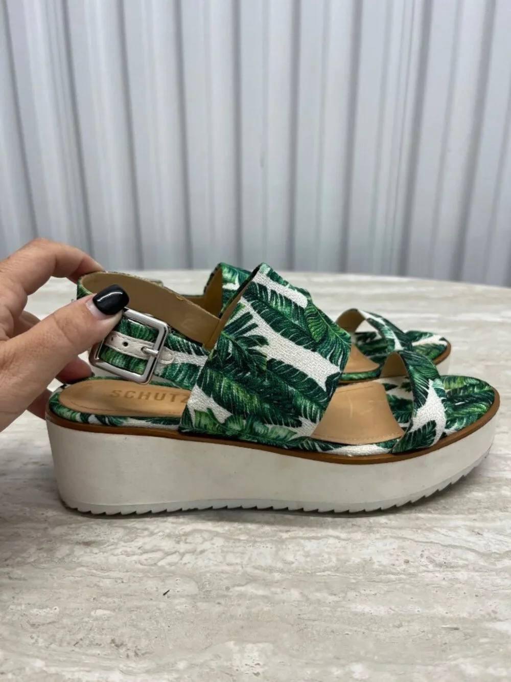 SCHUTZ Palm Leaf Tropical‎ Platform Slingback Wedge Sandals Size 6.5